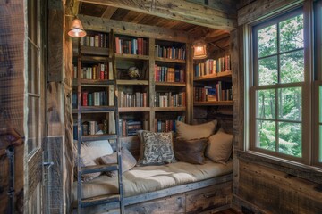 Fototapeta premium Illustrate a cozy, rustic built-in bookshelf with a sliding ladder, showcasing a distressed wood texture and warm lighting for a vintage-inspired reading nook