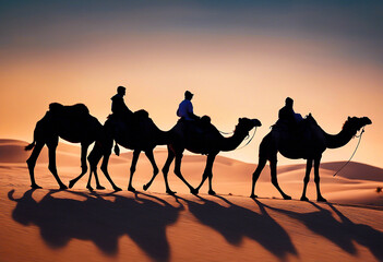 Landscape with the silhouettes of a group of camels in the desert in the evening