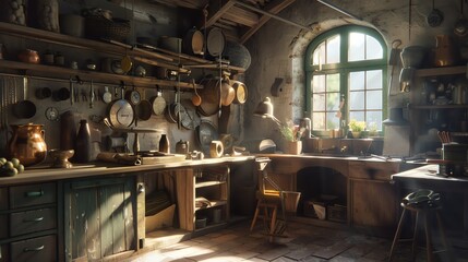 Cozy vintage kitchen with rustic furniture, wooden cabinets, and warm sunlight streaming through the window. Perfect for homestead ambiance.