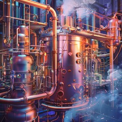 Illustrate a cutting-edge thermal storage system, utilizing intricate piping and steam effects, perfect for a technology magazine cover