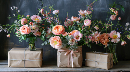 Spring-themed bouquet and wrapped presents with floral decorations