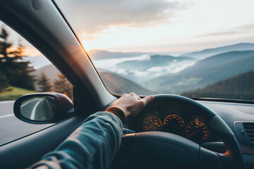 Fototapeta premium Person driving a car with a beautiful view of mountains and sunset, capturing the essence of a tranquil road trip journey