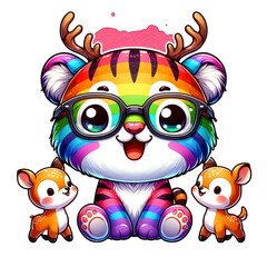 Fototapeta premium cute rainbow color tiger with cute little deer transparent PNG sublimation 