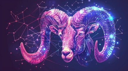 Aries horoscope sign in twelve zodiac with galaxy stars background.