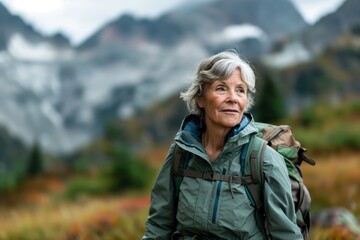 Retired woman with a backpack savors a tranquil moment while hiking through the picturesque, autumn colored mountainous landscape