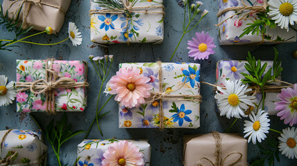 Spring-themed presents with floral wrapping and fresh flowers
