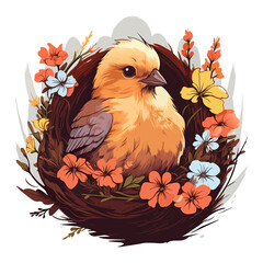 Cute bird in nest with flowers. Chick children character. Symbol spring. Cartoon illustration