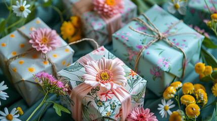 Spring-themed presents with floral wrapping and fresh flowers