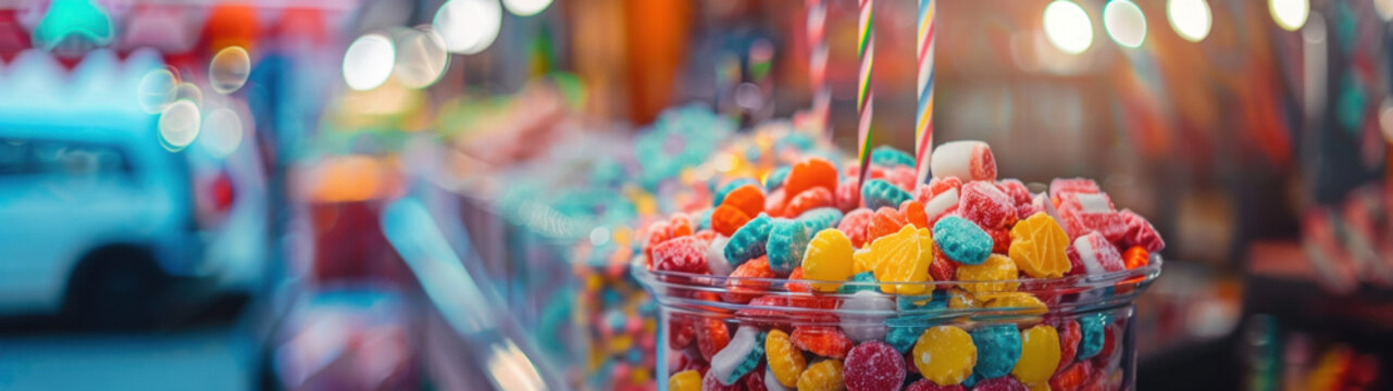 Candy stand selling treats and sweets, close-up view