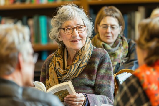 Elderly woman with a joyful smile participates in a book club discussion with peers in a cozy library setting