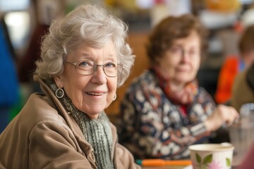 Portrait of a cheerful retired woman with glasses participating in a group hobby event, smiling warmly at the camera indoors