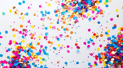 Vibrant birthday confetti scattered on a bright white surface, adding a playful and celebratory atmosphere to the scene.