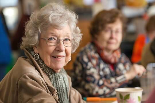 Portrait of a cheerful retired woman with glasses participating in a group hobby event, smiling warmly at the camera indoors