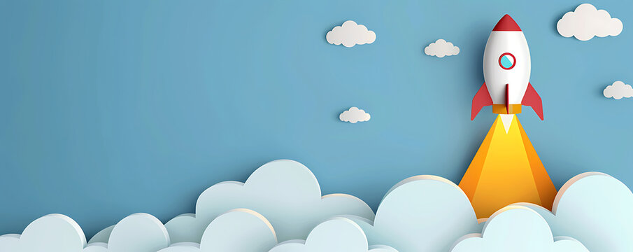Idea flying rocket Flat lay llustration background concept with copy space for text presentation business.