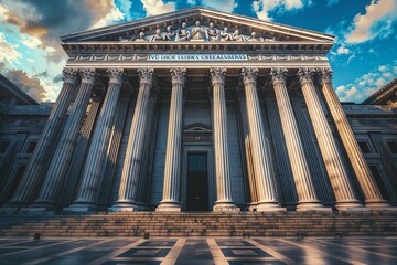 Fototapeta premium Majestic building with classical columns under a dramatic sky, showcasing architectural grandeur and historic significance.