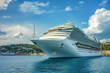 Stunning photo of a large cruise liner docked in a busy port, with clear skies and vibrant coastal town backdrop