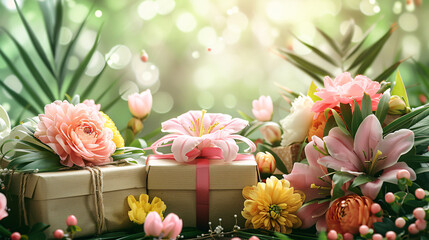 Spring bouquet and gift boxes with a congratulatory message