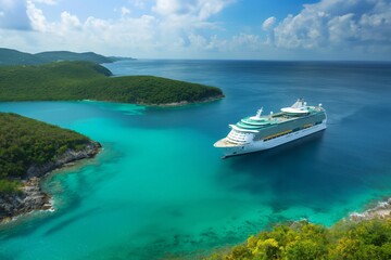 Luxury cruise ship glides through clear turquoise waters by lush green islands under a bright blue sky, epitomizing tranquil travel