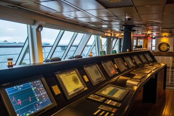 Detailed view of a cruise ship's bridge with navigation equipment illuminated, showing the control room where guests can observe