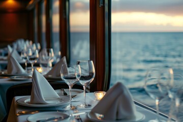 Elegant dining room set for a gourmet meal on a luxury cruise ship with a serene ocean view at sunset