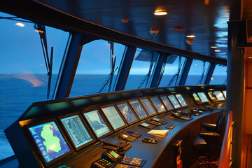 Illuminated bridge of a sea cruise ship overlooking the ocean horizon at twilight, showcasing a range of navigational equipment