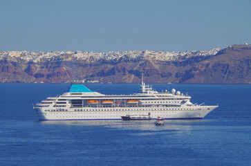 Dream holiday vacation to Greek Island Santorini during Summer Mediterranean Aegean cruising on...
