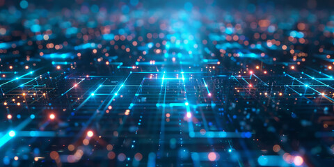 Obraz premium Futuristic digital network with interconnected glowing lines and nodes in a dynamic blue and orange cyber environment 