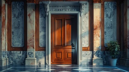 Illustrate a majestic, ornate door ajar in a modern, corporate setting using photorealistic digital techniques