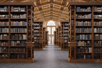 library interior with books on wooden bookshelves