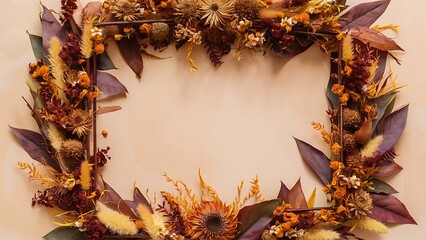 Autumn floral composition frame made of dried flowers and leaves on pastel beige background autumn fall concept flat lay top view