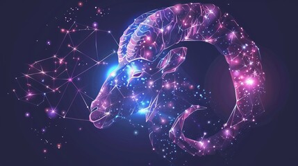 Aries horoscope sign in twelve zodiac with galaxy stars background.