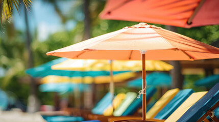 Colorful Beach Umbrellas, Shading Lounge Chairs, Sandy Shoreline, Summer Vacation