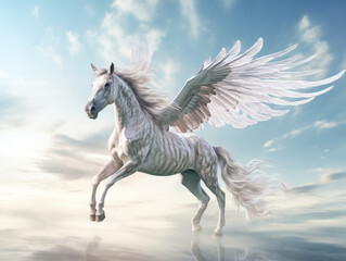 A Skeletal Pegasus With Translucent Wings, Soaring In A Cloudy Sky With Rays Of Light Piercing Through On A Clean Pastel Light