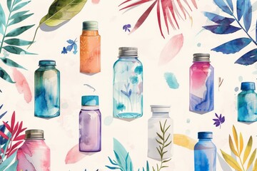 Illustrate a series of refillable travel containers for toiletries