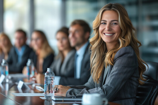 Beautiful, well-groomed businesswoman with a friendly and approachable face, strong leadership qualities, wearing a business suit, leading a team meeting at a conference table