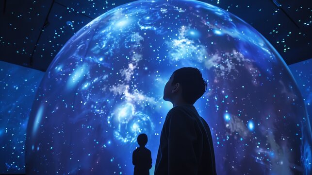 Silhouettes of people gazing at an immersive cosmic display, depicting a star-filled night sky in a planetarium or space exhibit.