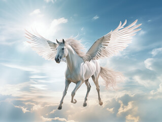 A Skeletal Pegasus With Translucent Wings, Soaring In A Cloudy Sky With Rays Of Light Piercing Through On A Clean Pastel Light