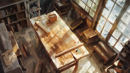 Sunlit workshop with wooden workbench, tools, and shelves. Ideal for woodworking and craftsmanship themes.