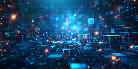 Obraz premium Futuristic digital network with interconnected glowing lines and nodes in a dynamic blue and orange cyber environment 
