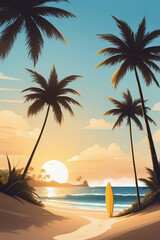 digital artwork, painting of white sand beach with surfboard, summer sunset, poster template, greeting card, invitation