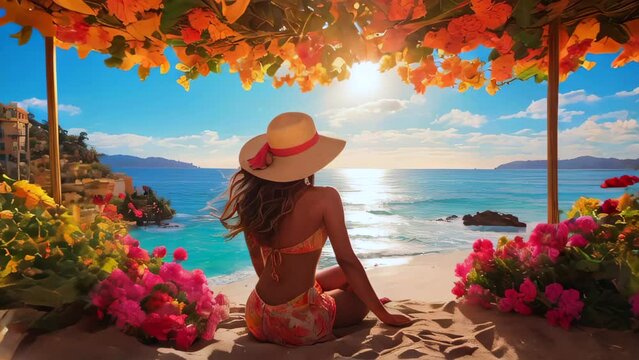 woman wearing bikini, sitting on the beach with a place filled with autumn leaf decorations enjoying the view of the beach with sunlight in summer season 
