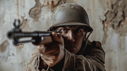 Armed Man in Helmet Holding Gun