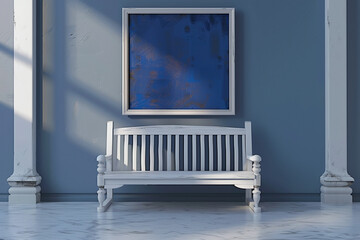Fototapeta premium Art gallery with a white wooden bench and blank indigo frame at dawn, 3D render