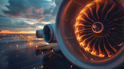 Aircraft engine turbine close-up against a twilight background