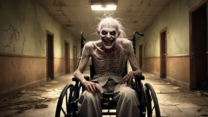  A horrifying, emaciated figure in a wheelchair grins menacingly in a dilapidated corridor, with an eerie lighting casting dramatic shadows.