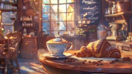Illustrate a warm and cozy bakery setting from a worms-eye view