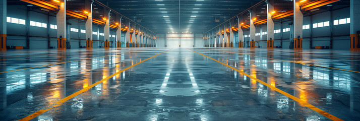 Interior of a Large Clean Warehouse with Reflections ,
Modern factory with polished concrete floor for industry display
