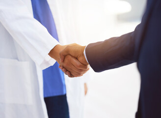 Meeting, handshake and teamwork for sales deal, success and b2b collaboration. Closeup, agreement...