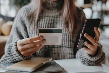Woman holding a credit card and a smartphone for online shopping