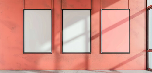 Fototapeta premium Three vertical frames mockup hanging on office wall, coral pink walls, modern concrete company interior, 3D rendering,
